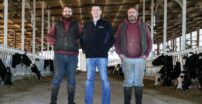 Two dairy farmers standing with a Plains Commerce banker in a cow barn