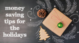 Money saving tips for the holidays text with a present to the side