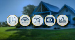A house in the background with 5 icons in the foreground for remodeling, a vehicle, a plane, money, and an ambulance