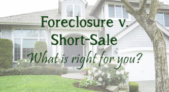 Foreclusre vs. Short sale, what is right for you text with a house in the background