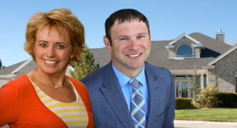 Kyle Swiden and Julie Brownell placed on top of an image of a house