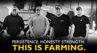 Persistence. Honesty. Strength. Text in front of 4 family farmers