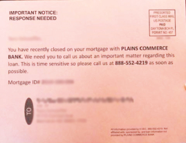 Photo of a scam mortgage postcard that was sent to mortgage customers